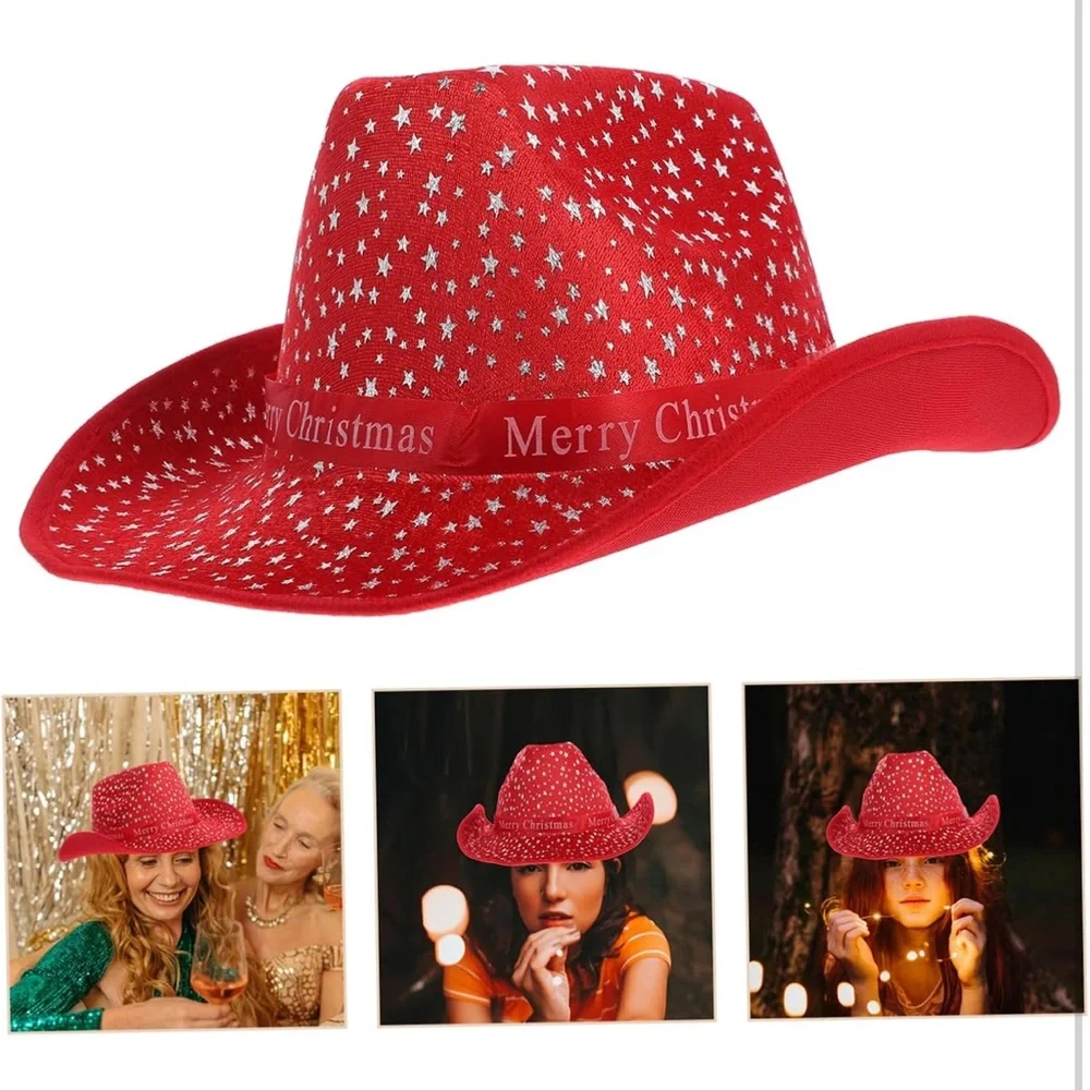 2 PCS Festive Red Christmas Party Hat Cowboy Hat Western